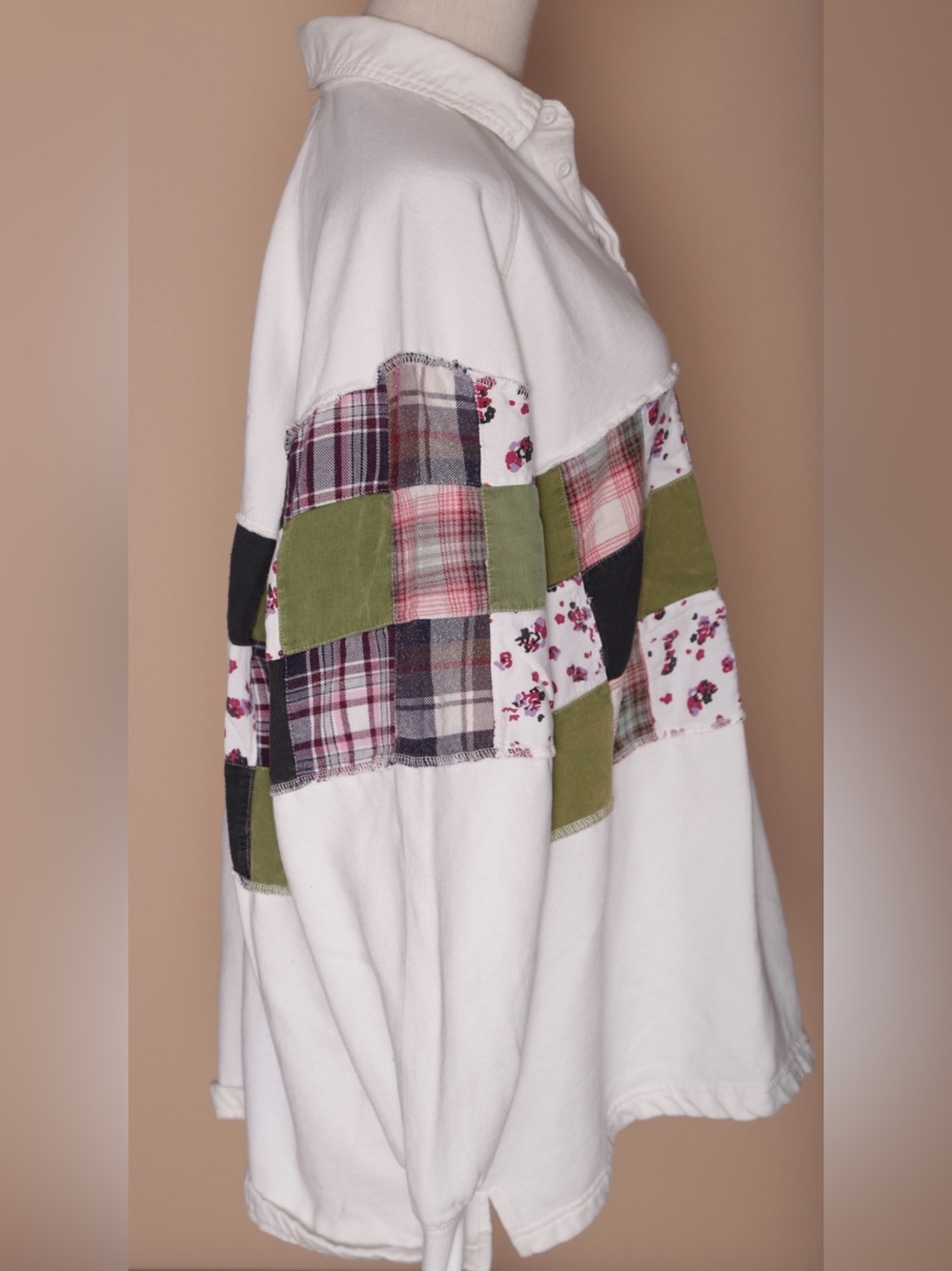 BDG Patchwork Plaid Oversized Rugby Shirt Cream Medium - Picture 3 of 6